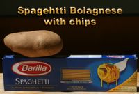 photograph picture of a box of Barilla spaghetti and a potato