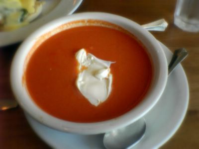 photograph picture of cold red pepper puree soup at The Liberty Cafe in Bernal Heights filed under Cafe Review