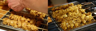 photograph picture of Tim learning to cook chicken tikka masala threading the chicken on skewers