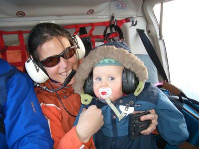 Staff manager, Isabelle Thibeault and son, Leo McKnight, on an Alpine Helicopter flight to Chatter Creek