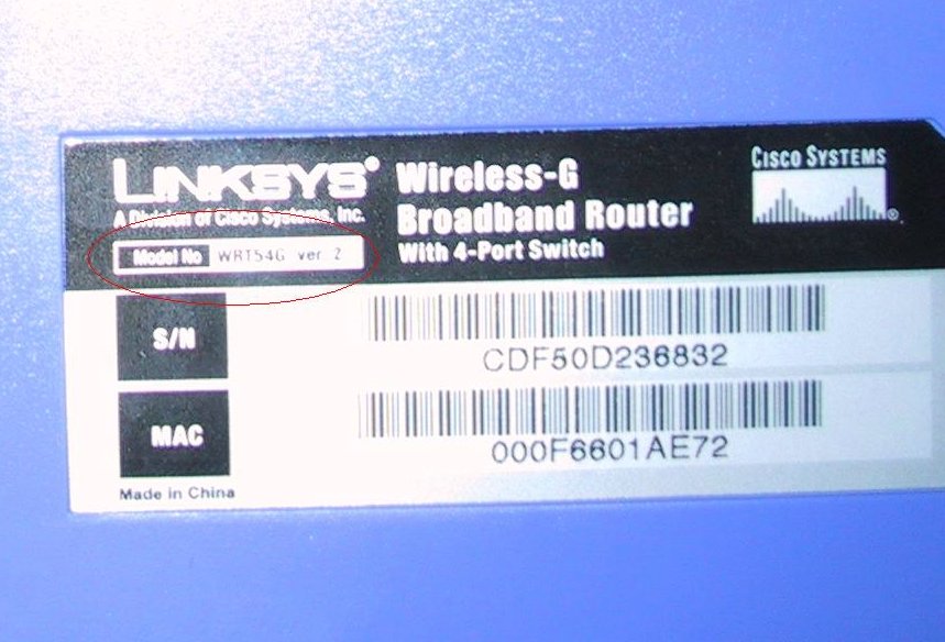Linksys WRT54G Hardware Version on Sticker (In circled part)