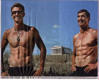 Australian Olympians Nathan Baggaley (left) & Clint Robinson in Athens (photo by Phil Hillyard; from The Australian newspaper)