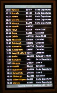 Heathrow T1 deaprtures screen - showing lots of flights cancelled