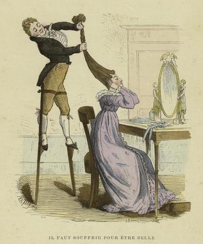 French guy on stilts holding up the hair of some lady while she looks in the mirror