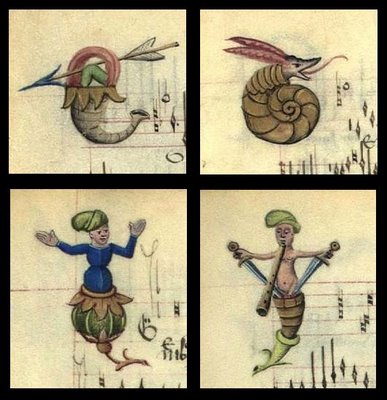 4 Lettrines from Chansons d'Amour - plant and snail caricatures