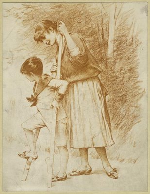 Young woman helping a boy walk on stilts