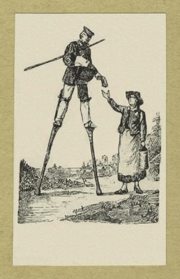 Letter carrier on stilts handing a letter to a woman