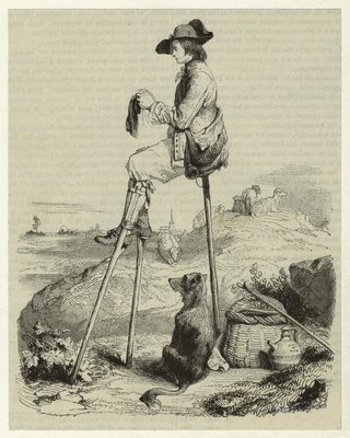 Shepherd resting on stilts, knitting