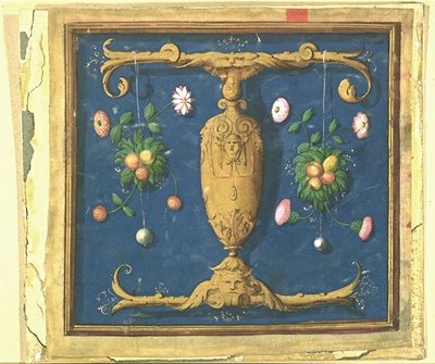 Lettre T formée d'un vase allongé et de mascarons