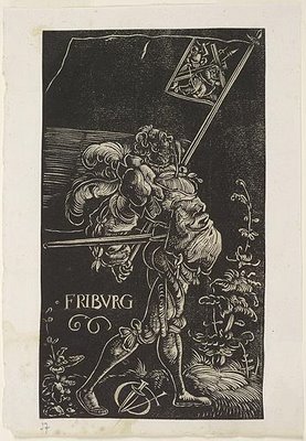 Standard Bearer in white-line woodblock print