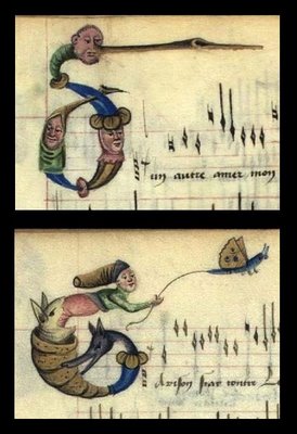 Man, beast, snail, flying butterfly caricature AND Human faces as lettrine