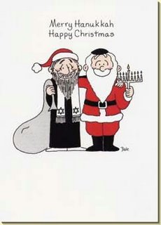 Picture: Greeting card, caption "Merry Hanukkah, Happy Christmas", drawing of a Jew with Santa's hat embracing Santa holding a hanukkiyah