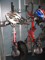Bikes hanging on racks in the Amtrak train