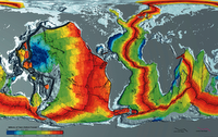 oceanic rocks arise in the oceanic ridge system; color scale shows ages in Ma