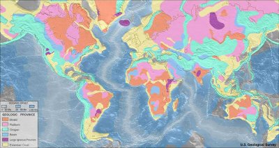 large geological provinces around the globe: orange=shield, pink=platform, turquoise=orogen, blue=basin, purple=large igneous province, cream=extended crust