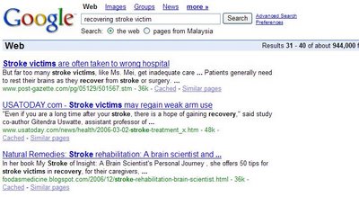 Google search result page for 'recovering stroke victim'