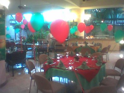 Balloons with ribbons were decorated within the dining area...