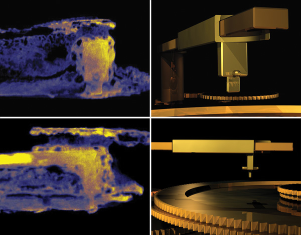 'Pointer-follower' device for spiral dial as it appears in x-ray computed tomography; from T. Freeth et al. 'Decoding the ancient Greek astronomical calculator known as the Antikythera Mechanism' (Nature)