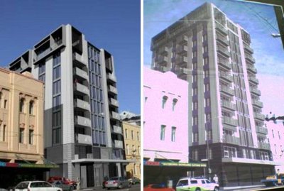 Bellagio apartments, taranki St - comparison of old and new renderings