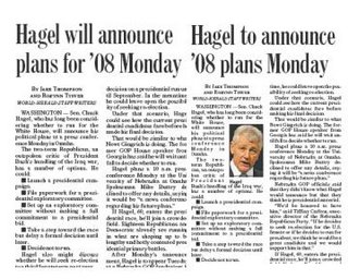 Hagel Headlines, photographed from a paid subscription to the newspaper