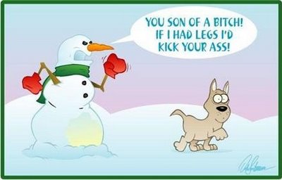 dog pees on snowman