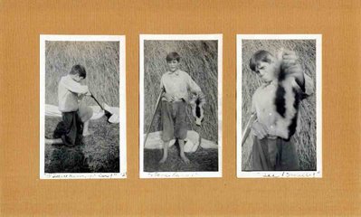 Young barefoot boy hunting and killing a skunk