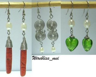 Wire Wrapped Earrings with coral, pearl and glass beads