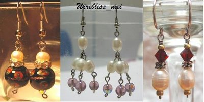 Wire Wrapped Pearl and Glass Bead Earrings