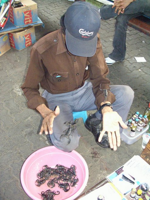 Itinerant Scorpion Seller, Pasar Minggu Station platform, East Jakarta