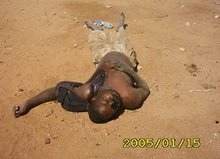 The photo shows civilians killed by janjaweed militias in Darfur.