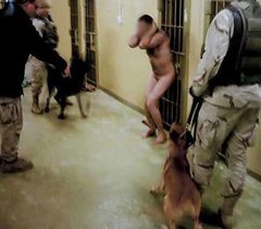 Naked Iraqi prisoner being menaced