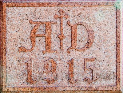 Saint George Catholic Church, in Hermann, Missouri - cornerstone, dated A.D. 1915