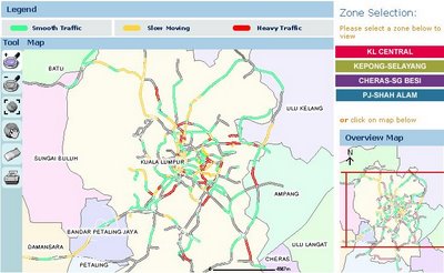 Map showing roads traffic condition of Petaling Jaya and Kuala Lumpur