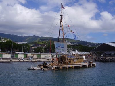 Tangaroa, Kon-Tiki replica, eventually spied in Papeete