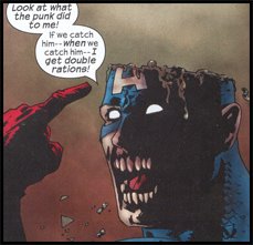 Zombie CAPTAIN AMERICA loses his head courtesy of MAGNETO: As seen in MARVEL ZOMBIES #1!