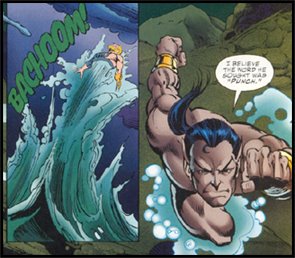 SUB-MARINER exercises his superior strength in his original showdown with AQUAMAN; in the pages of MARVEL VERSUS DC #2!