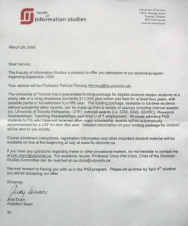 Acceptance letter from Faculty of Information Studies of the University of Toronto