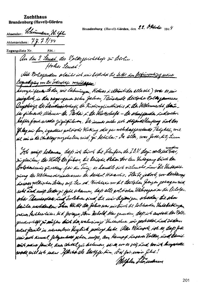 Carta de Wilhelm Schumann, 22 de outubro de 1944