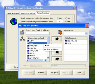 ShixxNOTE Settings dialog and Send Note dialog