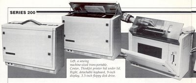 Picture from Professional Computing March/April 1985, p. 14 showing the sewing machine size HP Integral PC top opening to show the built-in inkjet printer followed by the keyboard and flat panel display folding outward.