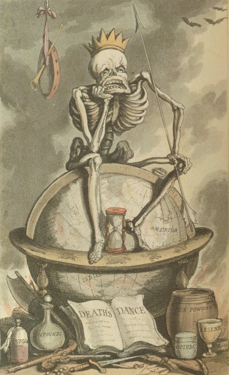 coloured engraving of seated skeleton from Rowlandson's 1815 English Dance of Death