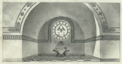 Pencil sketch of interior with stained glass window.