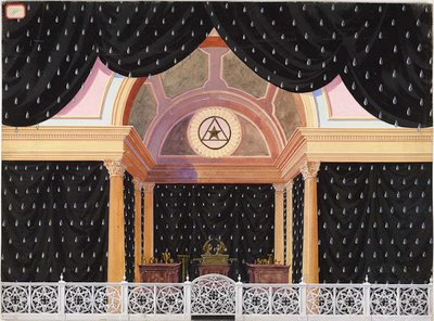 Sanctum Sanctorium in mourning. Black draperies with silver teardrops. White fence separates the stage space from the ark of the covenant, seven candles, and twelve vessels Freemasonry Scottish Rite