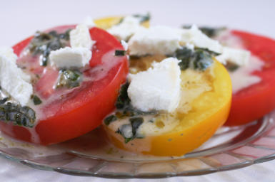 Recipe for Summer Red and Yellow Tomato Salad with Goat Cheese and Basil Vinaigrette