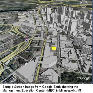 Screen capture showing downtown Minneapolis in 3-Dimensional view from 300 feet above street level via GoogleEarth.