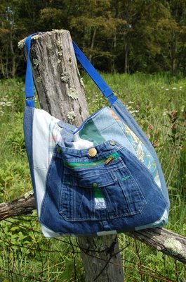 Bib Overall Pocket on patchwork tote bag