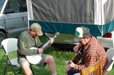 Tim and Larry picking some tunes in the yard
