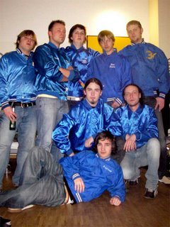 the guys bought matching shiny blue jackets at a thrift store. for some reason...