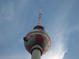 The telecommunications tower in Alexanderplatz, Berlin decked out as a football
