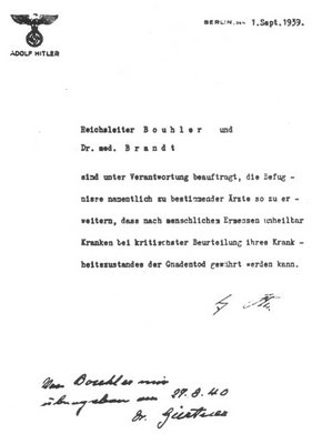 ordre d'Hitler en 1939 de pratiquer l'euthanasie sur les malades et handicapés